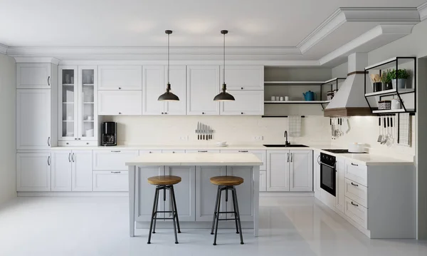 Modern style kitchen with light counter top with sink, hob, oven, kitchen utensils. 3D rendering. — Foto de Stock