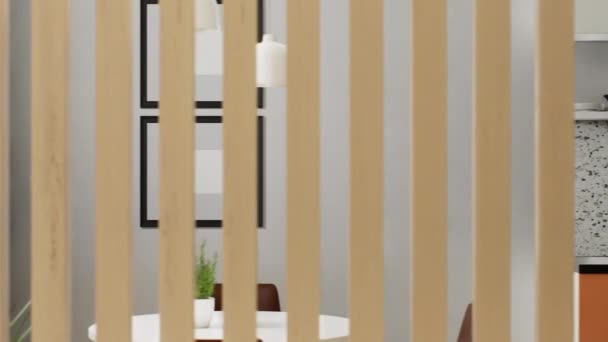3D animatie van een slim appartement. Houten tussenschot in het appartement. — Stockvideo
