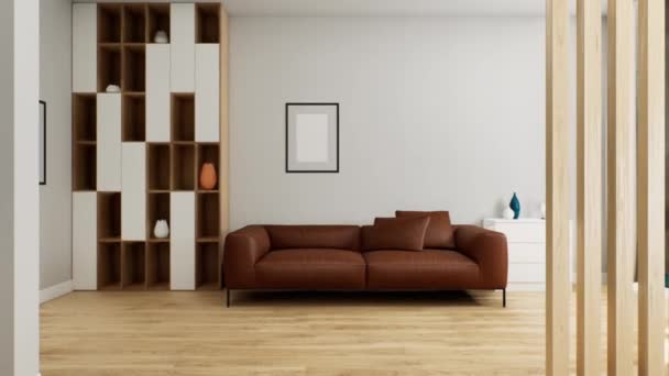 Brown leather sofa in the interior. 3d animation. — Video Stock