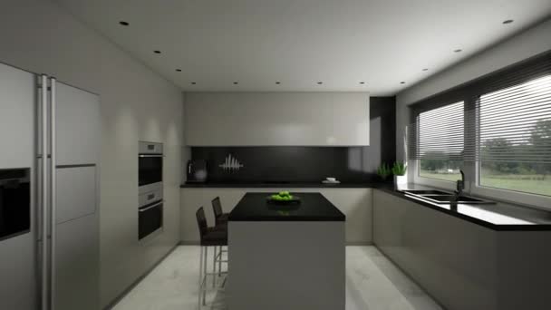 3D-weergave van een keuken. Animatie van een grijze keuken in de stijl van minimalisme. — Stockvideo
