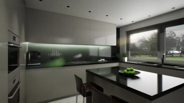 3d render of a kitchen. Animation of a gray kitchen in the style of minimalism. — Stockvideo