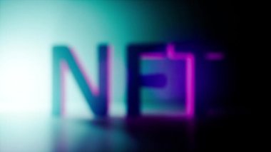 NFT yazısının 3 boyutlu animasyonu. Neon biçiminde şifreli para birimi NFT.