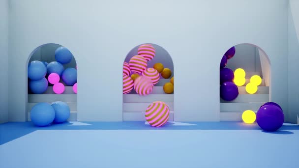 Kolorowe Kulki Zjeżdżają Schodów Przez Łuki Animacja Spadających Kulek Świecące — Wideo stockowe