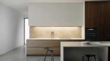 Modern minimalist mutfak. Büyük adalı bir mutfak. Mutfağın 3 boyutlu animasyonu.