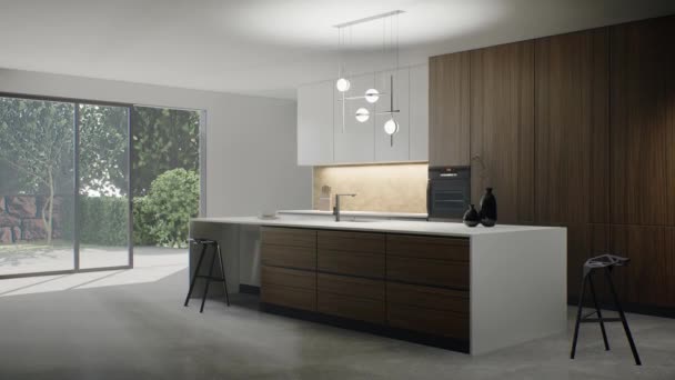 Moderne Minimalistische Keuken Keuken Met Groot Eiland Animatie Van Keuken — Stockvideo