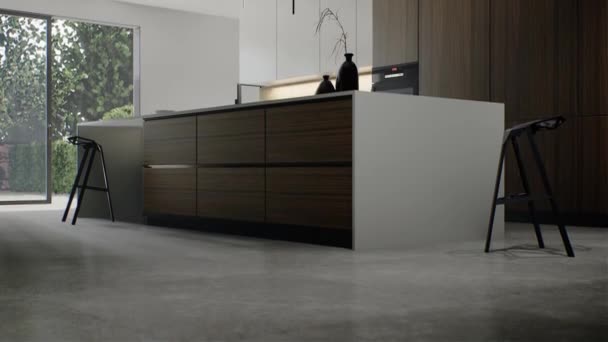 Moderne Minimalistische Keuken Keuken Met Groot Eiland Animatie Van Keuken — Stockvideo