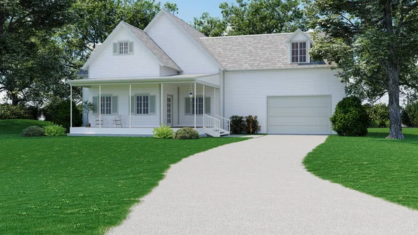 Beautiful house with white siding. 3D rendering of a house with a landscape. American house with a garage.