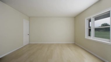 3d animation of an empty room with a window and a door in warm tones. Mockup of an empty room.
