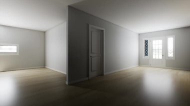 3D rendering of an empty room. Animation of an empty room in pastel colors and a wooden floor.