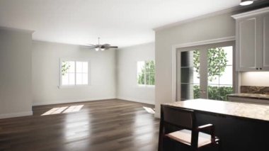 3D rendering of an empty room with a built-in kitchen. Animation of an empty spacious house