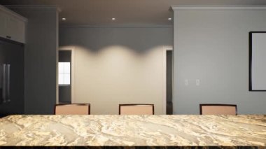 3D rendering of an empty room with a built-in kitchen. Animation of an empty spacious house