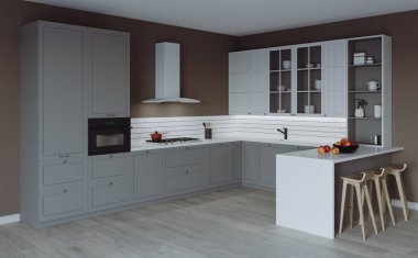 3D rendering of a modern kitchen. Kitchen with frame facades. Kitchen interior in pastel colors.