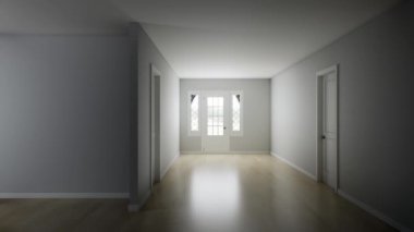 3D rendering of an empty room. Animation of an empty room in pastel colors and a wooden floor.