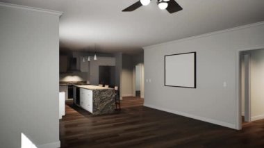 3D rendering of an empty room with a built-in kitchen. Animation of an empty spacious house