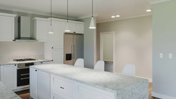 3d rendering of an interior with a white kitchen. The interior is in pastel light colors. New house.