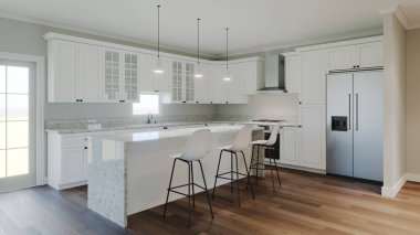 3d rendering of an interior with a white kitchen. The interior is in pastel light colors. New house.