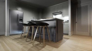 3D visualization animation of the kitchen interior. New empty house inside.