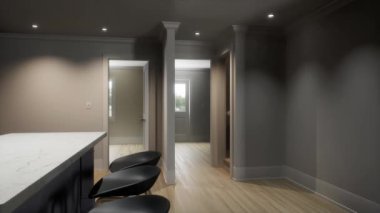 3D visualization animation of a kitchen island. New empty house inside.