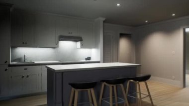 3D visualization animation of the kitchen interior. New empty house inside.
