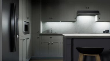 3D visualization animation of the kitchen interior. New empty house inside.
