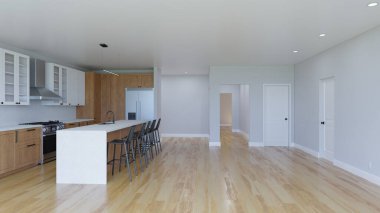 Kitchen interior with large island. 3D visualization of a kitchen with a wooden floor. Empty interior.