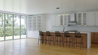 Kitchen interior with large island. 3D visualization of a kitchen with a wooden floor. Empty interior.