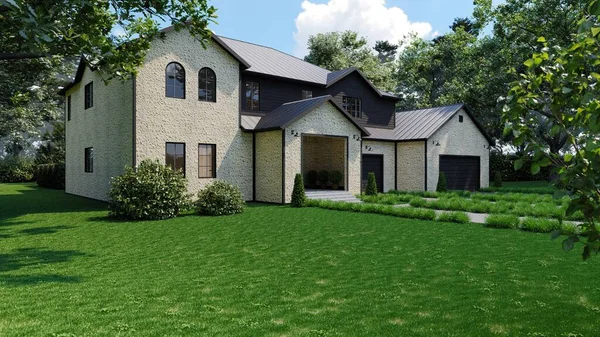 Large beautiful house with two garages. 3d render of a house. House with masonry and wood.