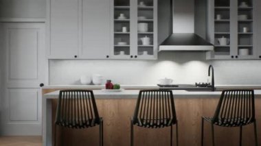 Modern large kitchen. Kitchen with large island. 3D animation of the kitchen.
