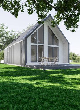 Ahır tarzı ev. Bakımlı manzaralı modern bir ev. 3d hazırlayıcı.