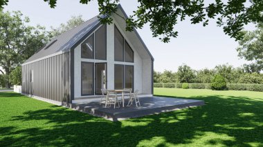 Ahır tarzı ev. Bakımlı manzaralı modern bir ev. 3d hazırlayıcı.