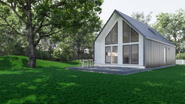 Ahır tarzı ev. Bakımlı manzaralı modern bir ev. 3d hazırlayıcı.