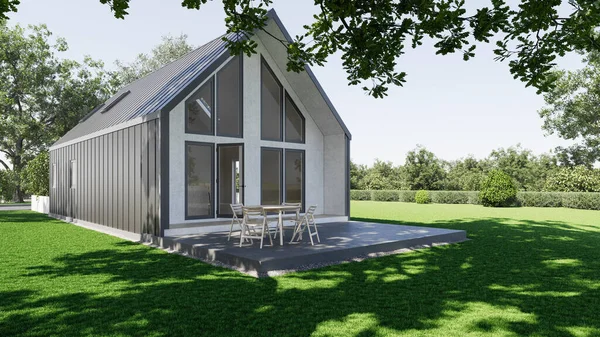 Ahır tarzı ev. Bakımlı manzaralı modern bir ev. 3d hazırlayıcı.