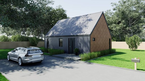 3d rendering of a small barn-style house. Modern house with retractable roof.Modern house with retractable roof.