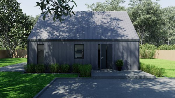 3d rendering of a small barn-style house. Modern house with retractable roof.Modern house with retractable roof.