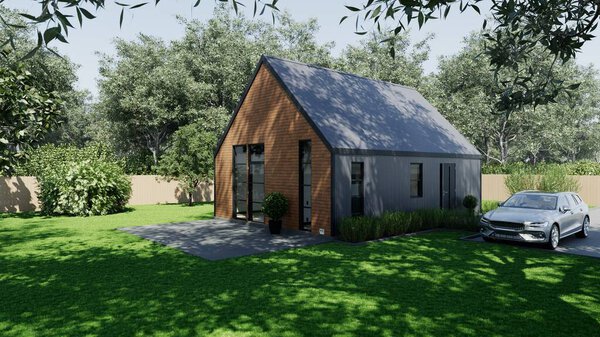 3d rendering of a small barn-style house. Modern house with retractable roof.Modern house with retractable roof.