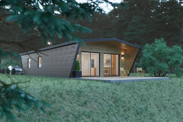 Köy evi çerçevesi. Ormandaki bir evin 3D çizimi.