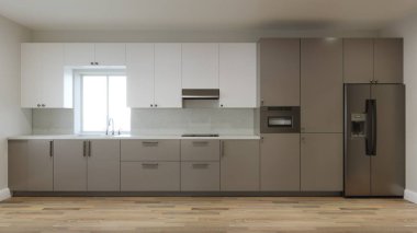 Mutfağın içi boş. Büyük bir buzdolabı ve lavabonun üzerinde penceresi olan uzun bir mutfak. 3d hazırlayıcı