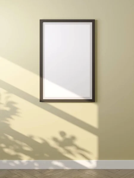 3d rendering of an empty frame on the wall. Black frame on the wall with rays from the sun.