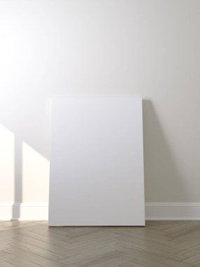 Yerde beyaz bir poster ve boş çerçeve modeli var. Tasarım önizlemeniz için düzen modellemesi iyi kullanılacak. 