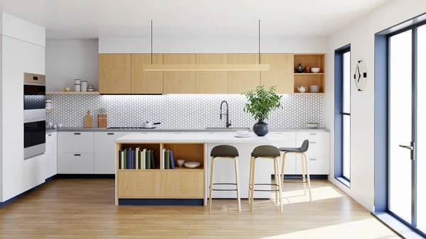 现代化厨房 有大岛和酒吧凳子 3D渲染一个带有白色正面和木制抽屉的厨房 — 图库照片