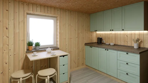 Light green kitchen in a wooden room. 3D rendering of a cozy small kitchen.
