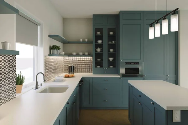 Green kitchen with an island. 3D rendering of a kitchen with tall cabinets and kitchen utensils.