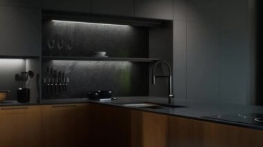 Mutfak aletleri, önlük ve aydınlatılmış raflarla donatılmış minimalist bir mutfak. Mutfak stüdyosunun üç boyutlu animasyonu koyu renkli..