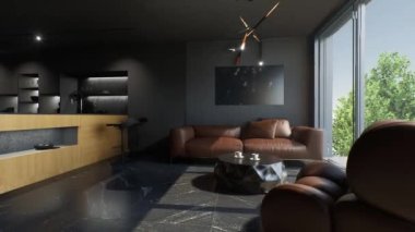 Kahverengi kanepesi ve ahşap cepheleri olan siyahlı şık bir mutfak stüdyosunun süper modern iç mekanı. Mutfak-Stüdyo 'sunun 3 boyutlu animasyonu.