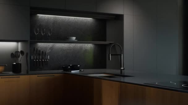 Stylowe Minimalistyczne Wnętrze Kuchni Sprzętem Kuchennym Fartuchem Oświetlonymi Półkami Animacja — Wideo stockowe