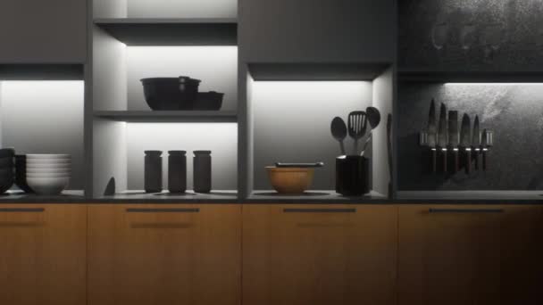 Stylowe Minimalistyczne Wnętrze Kuchni Sprzętem Kuchennym Fartuchem Oświetlonymi Półkami Animacja — Wideo stockowe