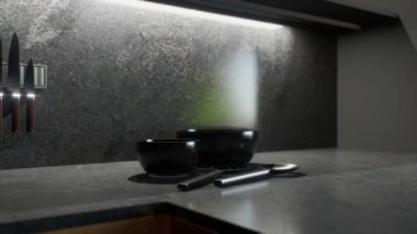 Mutfak aletleri, önlük ve aydınlatılmış raflarla donatılmış minimalist bir mutfak. Mutfak stüdyosunun üç boyutlu animasyonu koyu renkli..