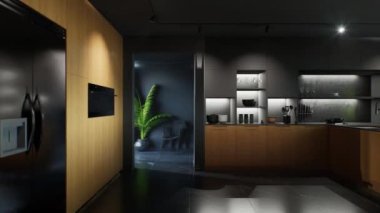 Mutfak aletleri, önlük ve aydınlatılmış raflarla donatılmış minimalist bir mutfak. Mutfak stüdyosunun üç boyutlu animasyonu koyu renkli..