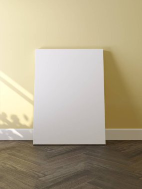 Yerde beyaz bir poster ve boş çerçeve modeli var. Tasarım önizlemeniz için düzen modellemesi iyi kullanılacak. 