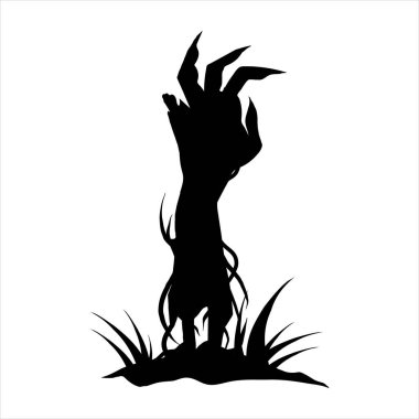 Zombi eli siyah siluet. Zombi bir el yerden sürünerek çıkıyor. Cadılar Bayramı için korkunç bir el. Beyaz arkaplanda vektör çizimi izole edildi. EPS 10